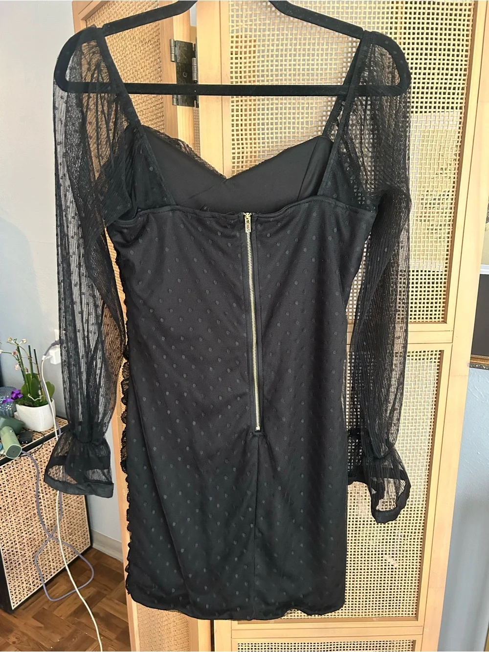 Haute Monde Black Ruched Mesh Mini Dress Sheer Sleeves Size L - Picture 4 of 6